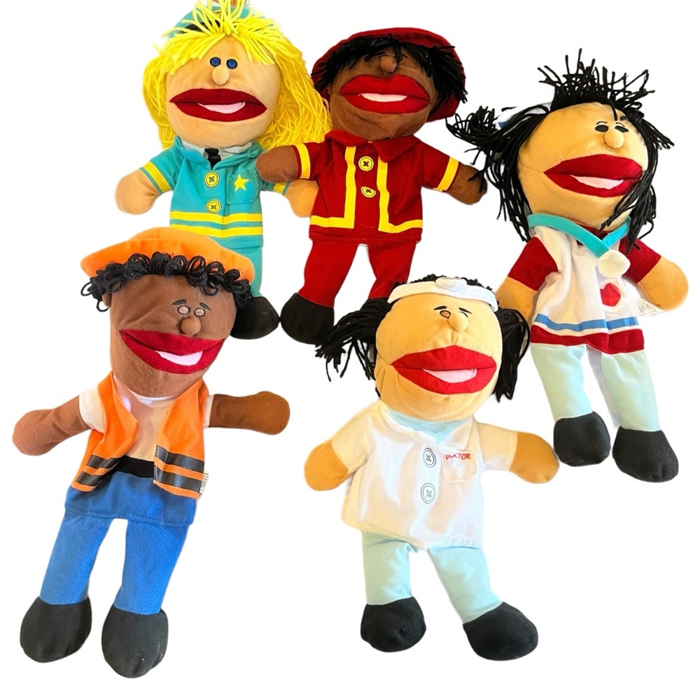 5 Plush Hand Puppets Police, Firefighter, Dentist, Doctor, Construction Worker
